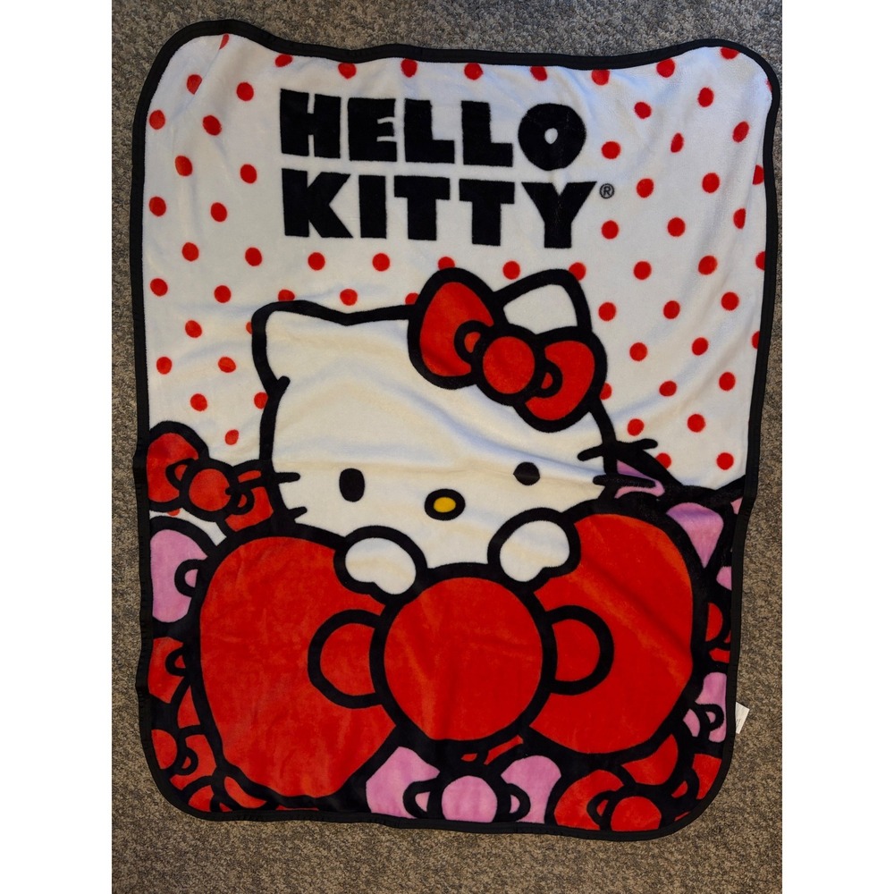 Sanrio Hello Kitty Red Bow Polka Dot Plush Fleece Throw Blanket 2024 Franco